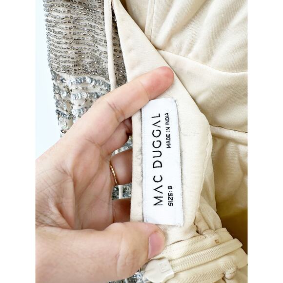 Mac Duggal 5687 Nude Silver Sequin Beaded Lace Up One Shoulder Formal Gown 8 - Picture 6 of 9